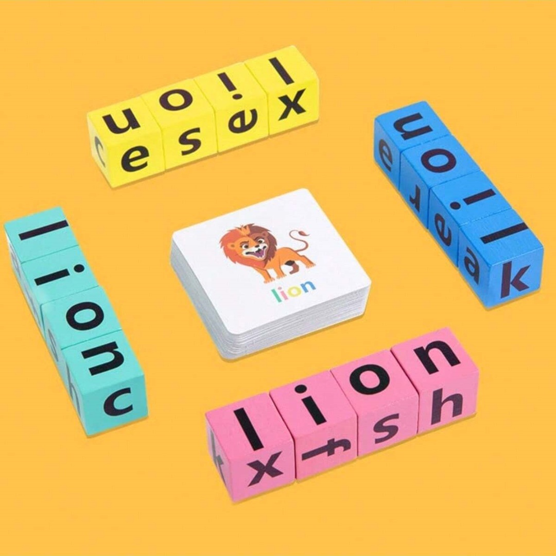 Board Game Name - เกมกระดานสะกดคำตัวอักษรสำหรับเด็ก, บล็อกตัวอักษร 16 ตัว + การ์ดคำศัพท์