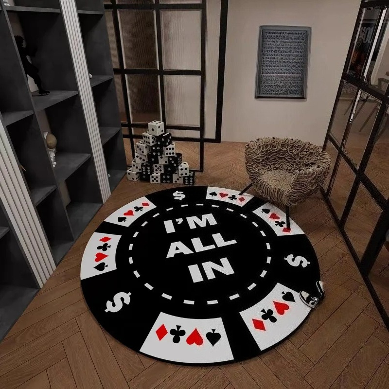 Board Game Hotel - พรมทรงกลมลายการ์ดโป๊กเกอร์ ALL IN Magic, พรมปูพื้นกันลื่นสำหรับห้องนั่งเล่น, ห้องนอน,